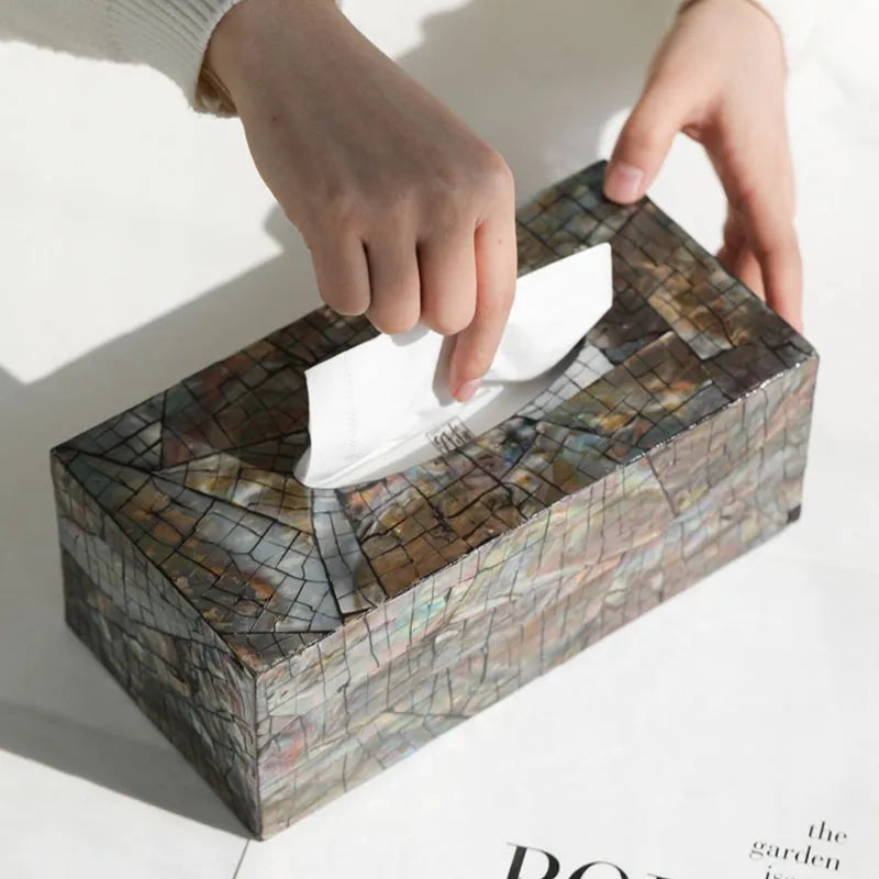 Black natural shell storage box with removable divider, shown in rectangular and square shape options.