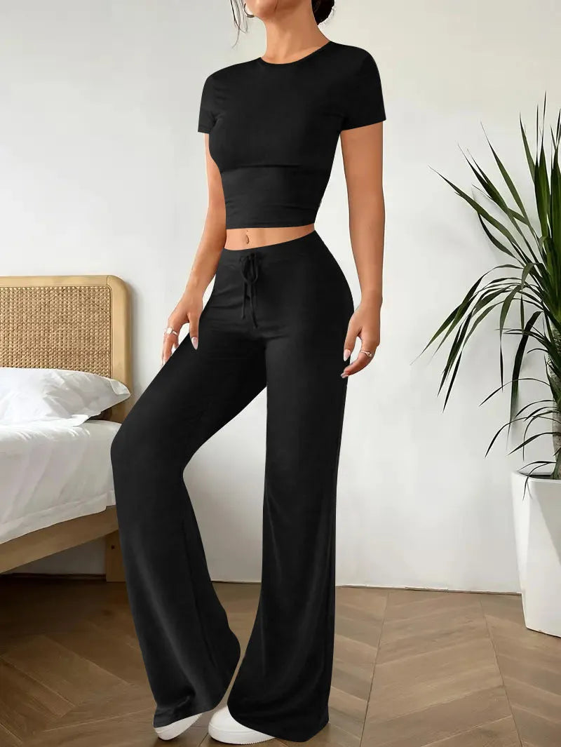 Black women's high waist trousers and regular sleeve short sleeve top matching set