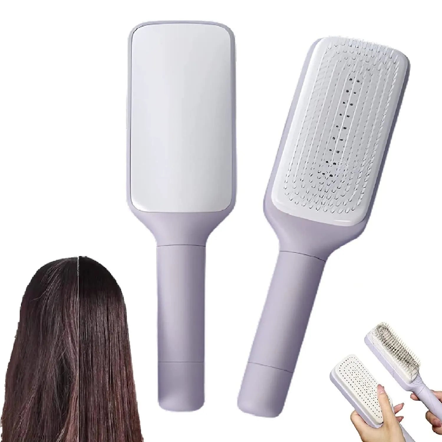 Self-cleaning hair brush with rotating handle in Roland purple colour showing ergonomic plastic design
