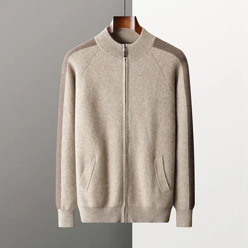 Men's cashmere wool blend knitted cardigan suit with half turtleneck zip front and matching trousers