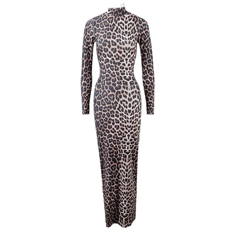 Women's leopard print long dress with stand collar, long sleeves and high waist hip skirt design