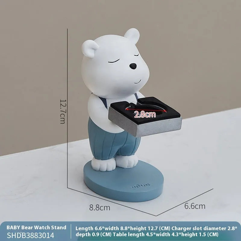 Cartoon baby bear resin watch charger bracket with square support base for bedside table or desk