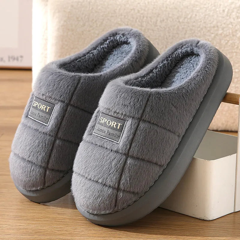 Men's grey and brown plaid winter slippers with thick wool lining and EVA soles