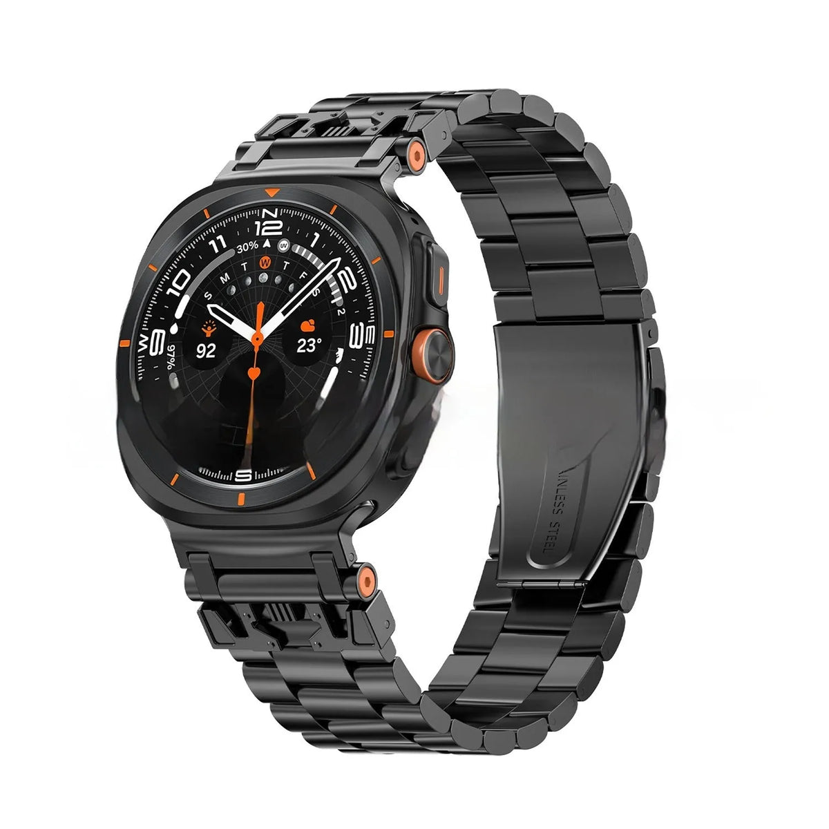 Samsung metal watch strap with three steel band armour design in Black, Starlight, or Silver