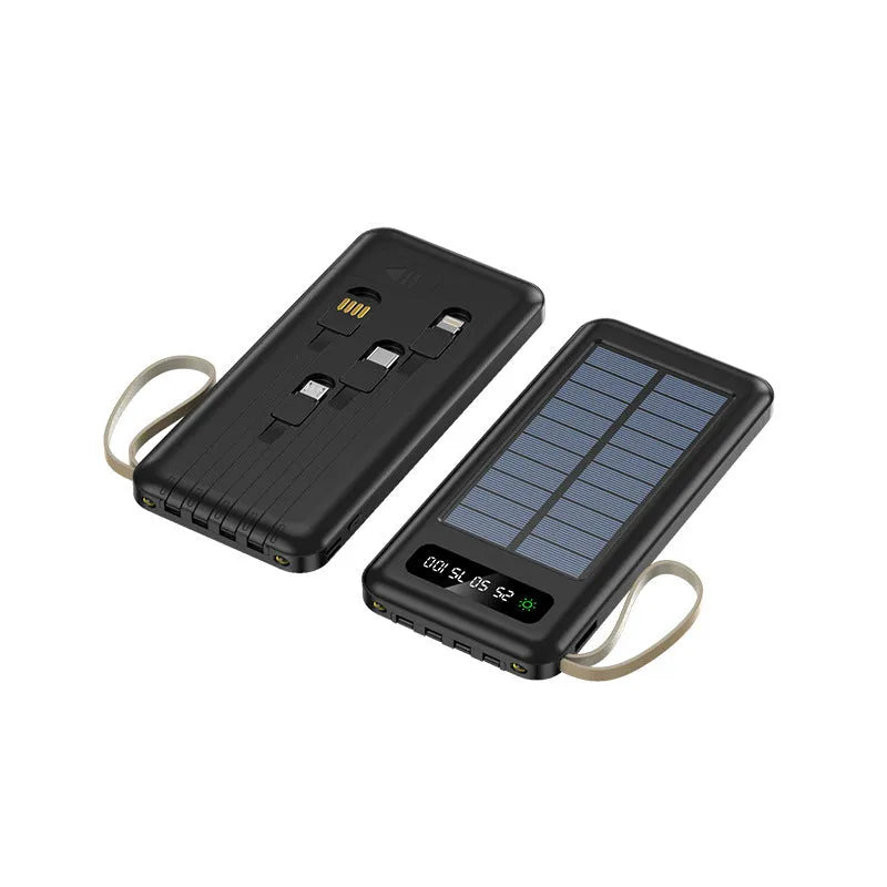 Solar power bank in black or white plastic shell showing dimensions and capacity options