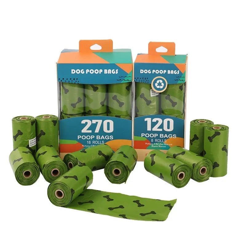 Army green degradable dog poop bags with black bone print design showing roll configuration