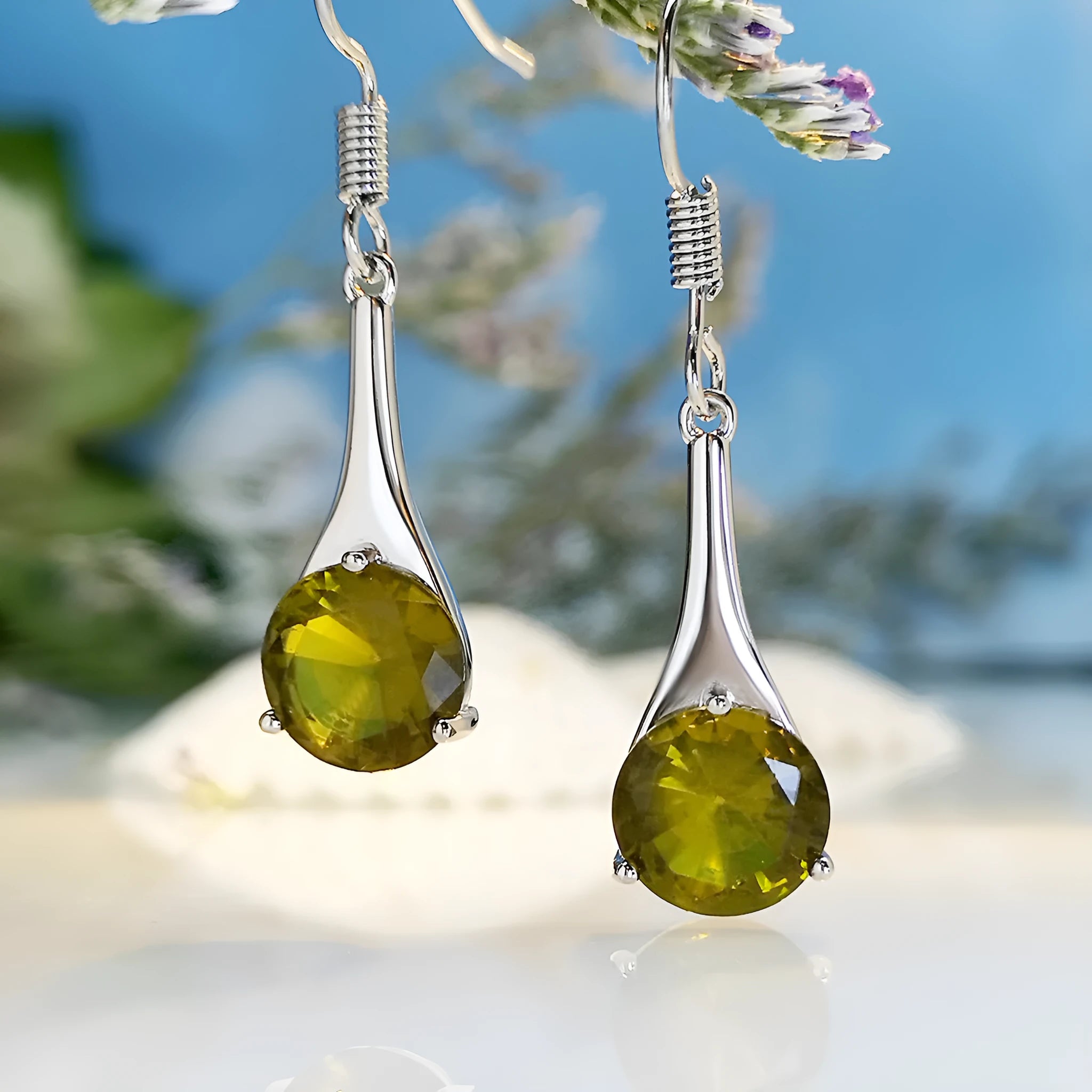 Olive green topaz drop earrings with minimalist water drop shape and retro style