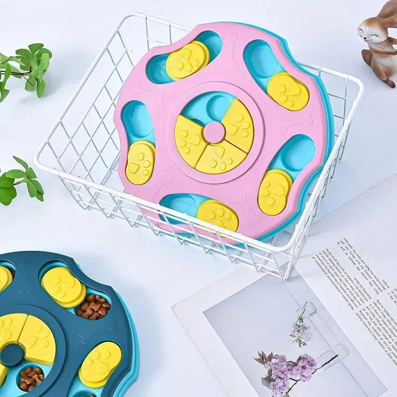 Blue and pink dog puzzle toy showing food bowl and interactive searching game design for aggressive chewers.
