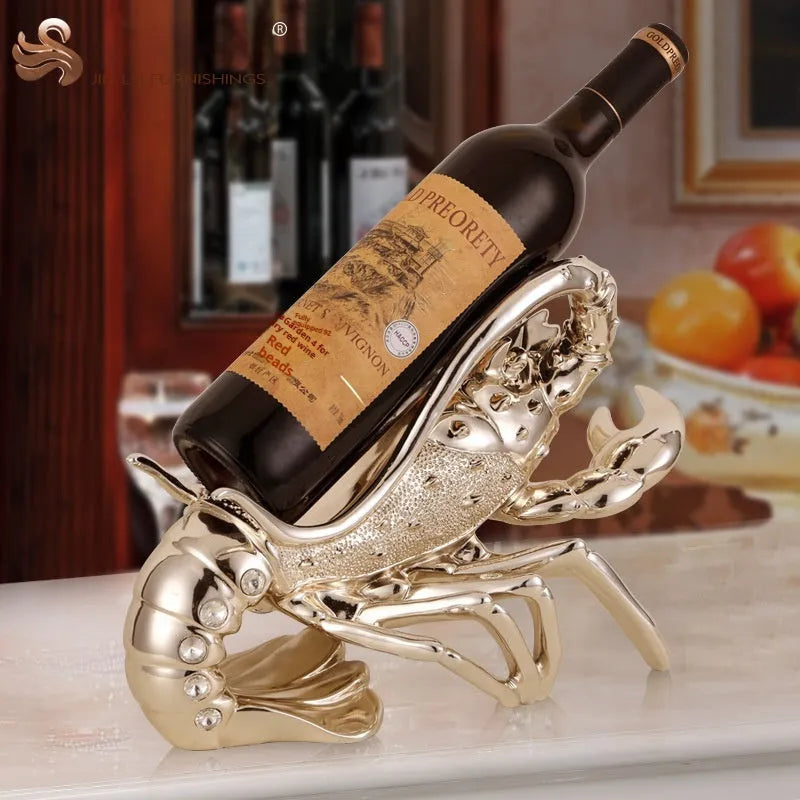 Resin lobster-shaped wine rack ornament in metallic finish holding wine bottle