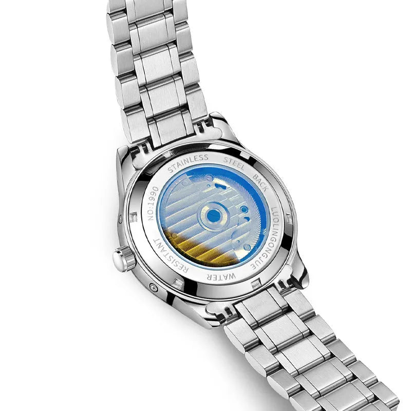 Men's business hollow mechanical watch with sapphire crystal glass and transparent case back on leather strap