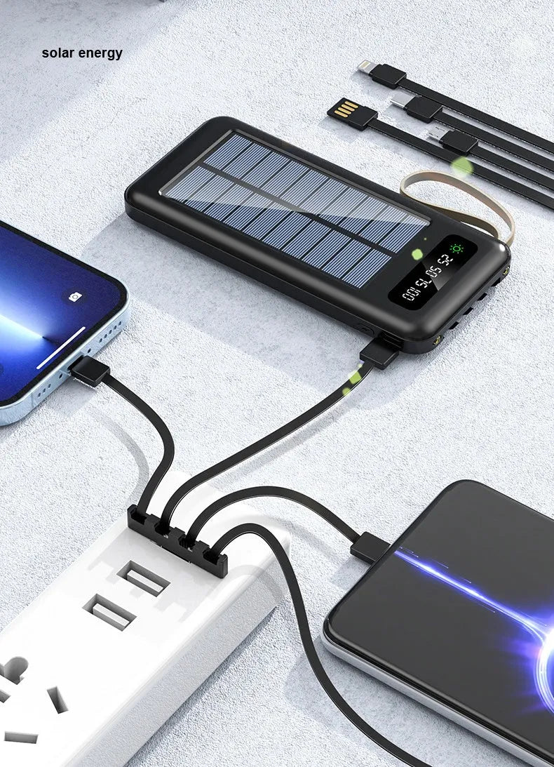 Solar power bank in black or white plastic shell showing dimensions and capacity options