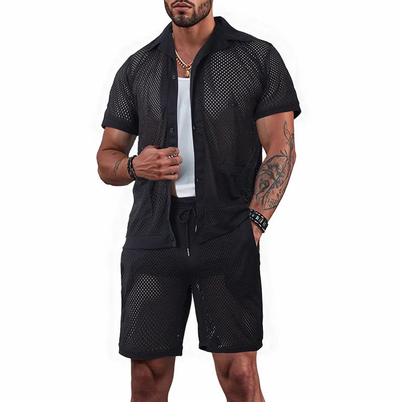 Lightweight beach cover-up cardigan and shorts set in see-through fabric for summer leisure wear