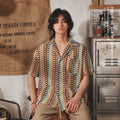 Grey plus size men's short sleeve shirt with Japanese Cuban collar and jacquard pattern