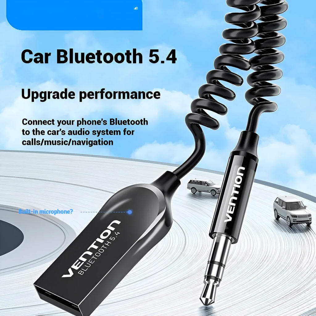 USB car Bluetooth audio receiver with zinc alloy USB connector and copper 3.5mm jack on flexible cable