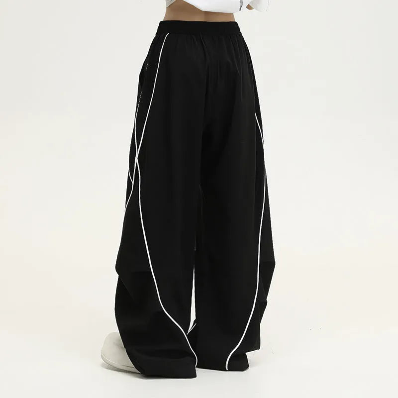 Black striped pleated hip hop wide-leg pants with mid waist and loose fit