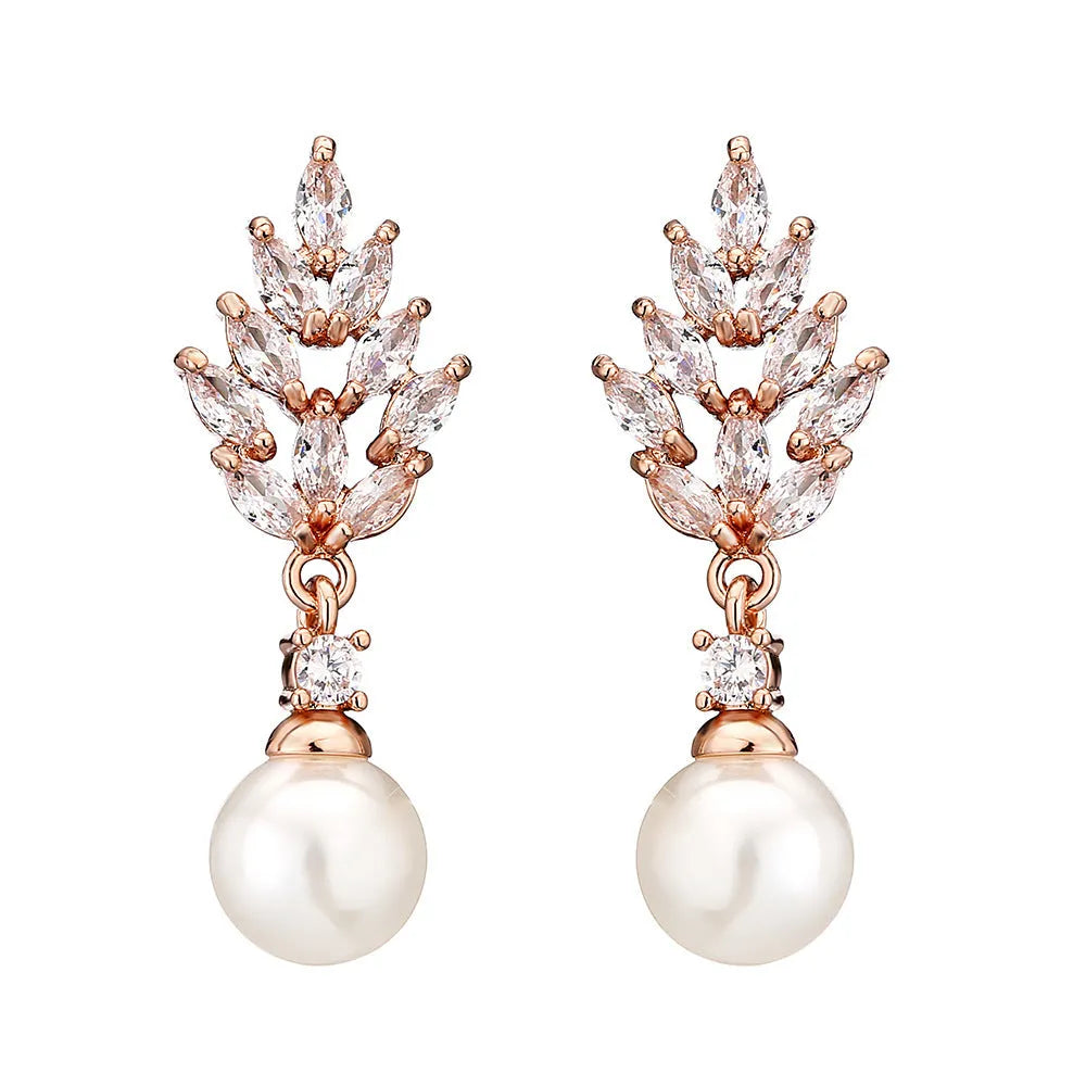 Micro inlaid zircon pearl earrings with geometric floral design in three plating colour options