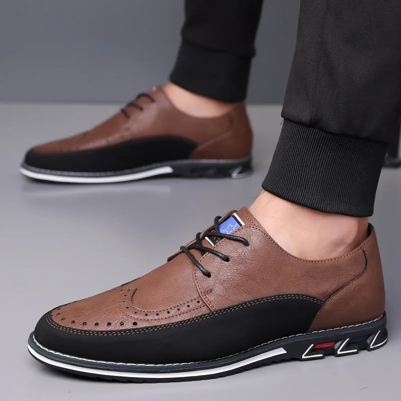 Men's low-top casual leather shoe in multiple colours with rubber sole and sewing line detail.