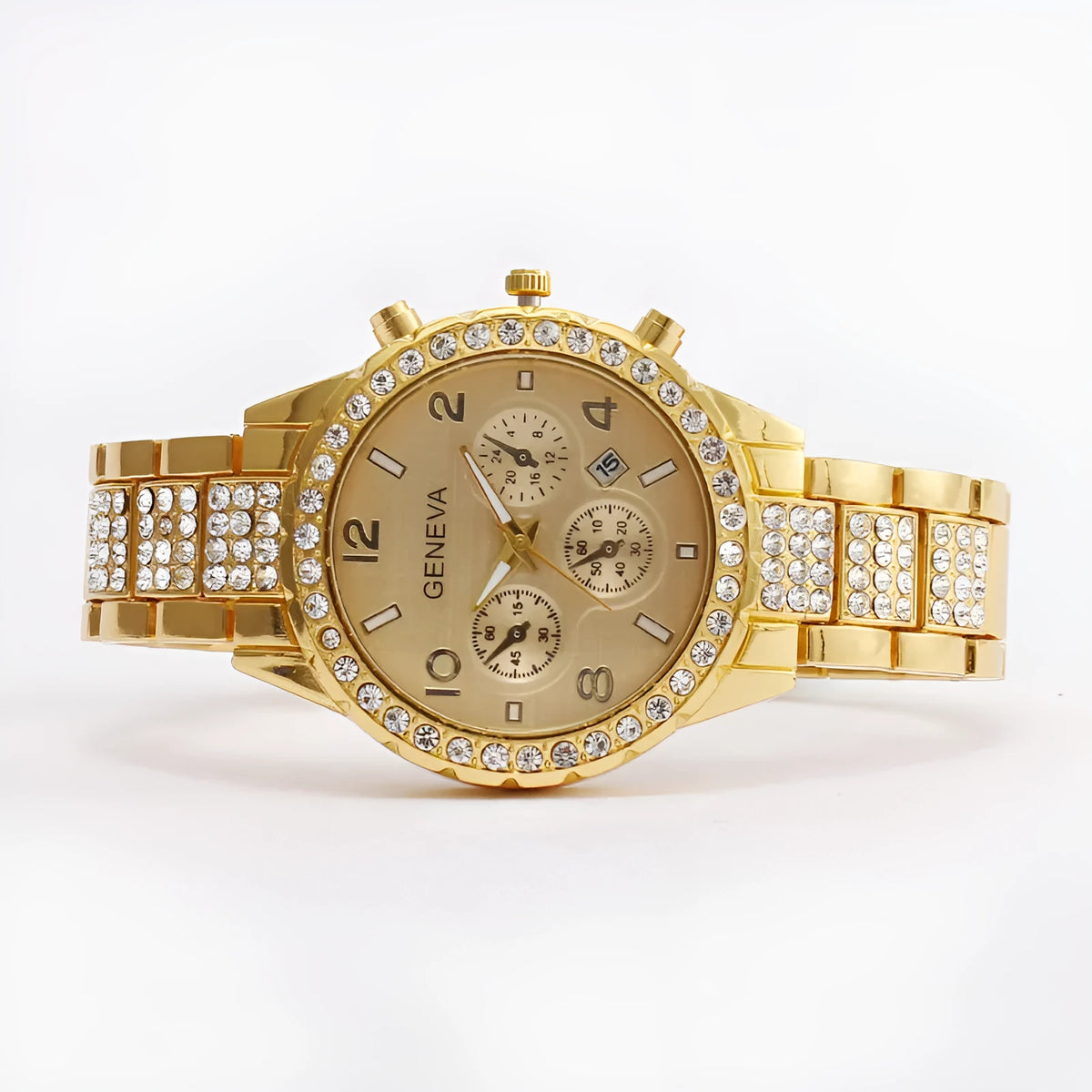 Women's three-eye quartz watch with diamond-set dial, stainless steel case, 38.7mm, in silver, gold or rose gold