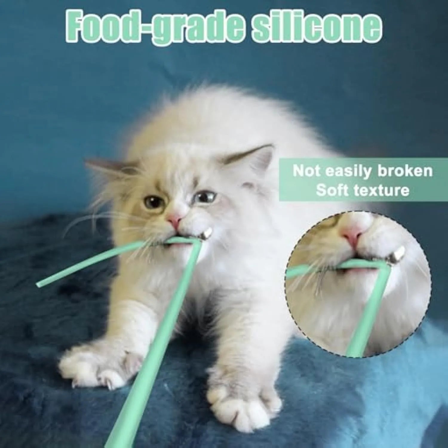 Green automatic electronic cat wand toy with swinging silicone tails on a table