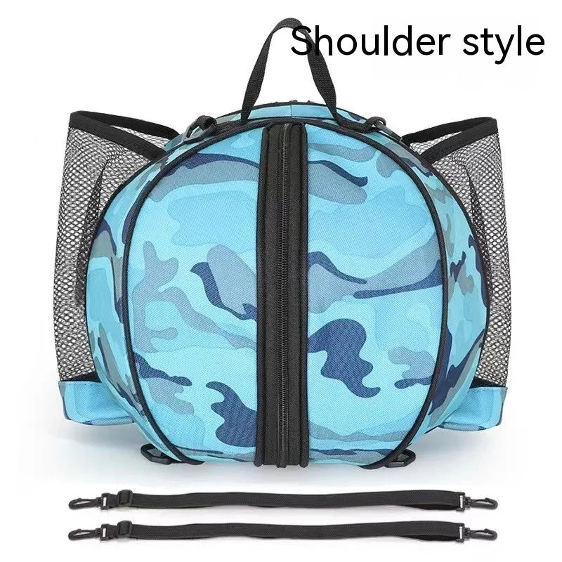Oxford cloth basketball training bag with adjustable strap shown in a camouflage colour option.