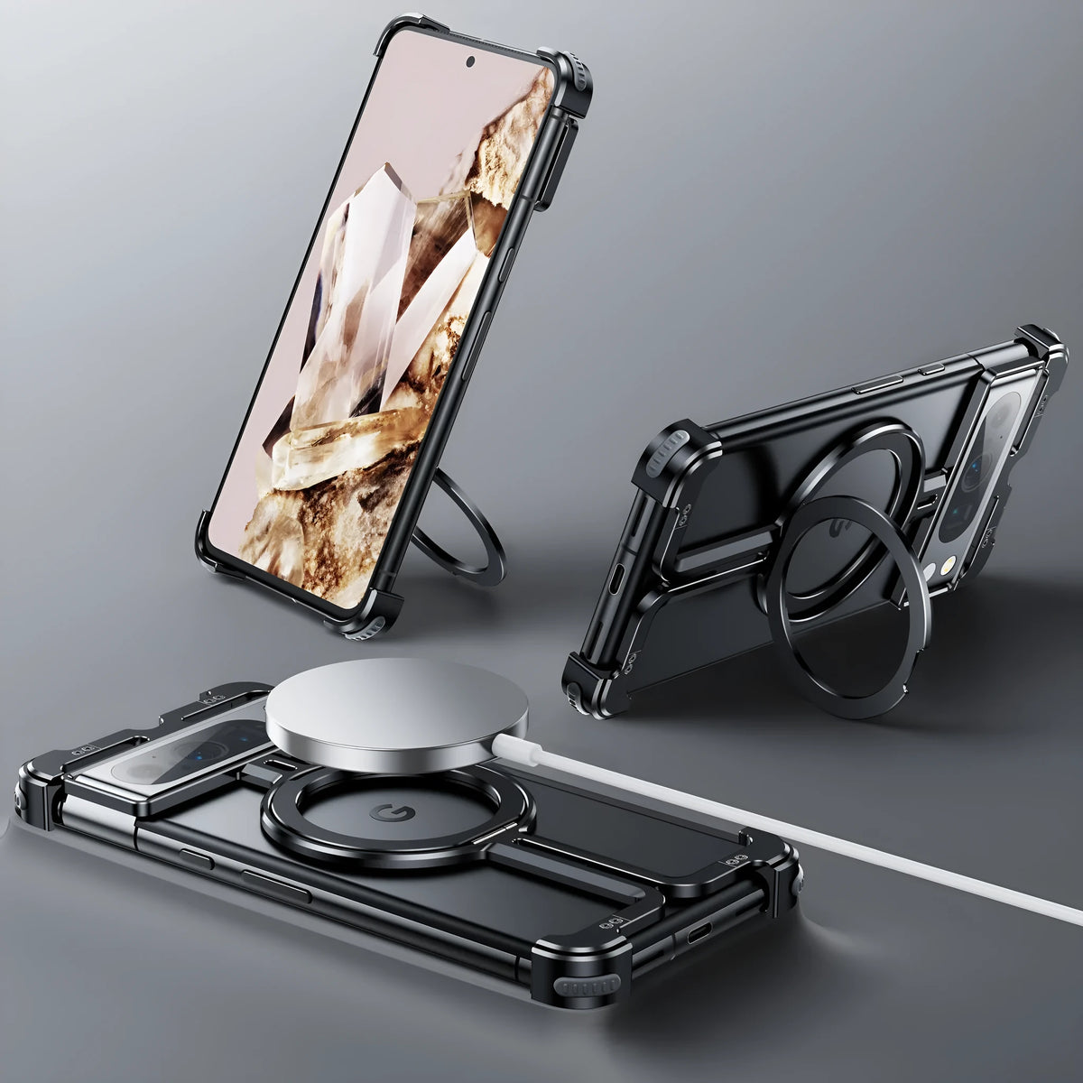 Aluminum alloy phone case with rotatable magnetic bracket for Google Pixel 9 Pro Fold, black upgraded edition