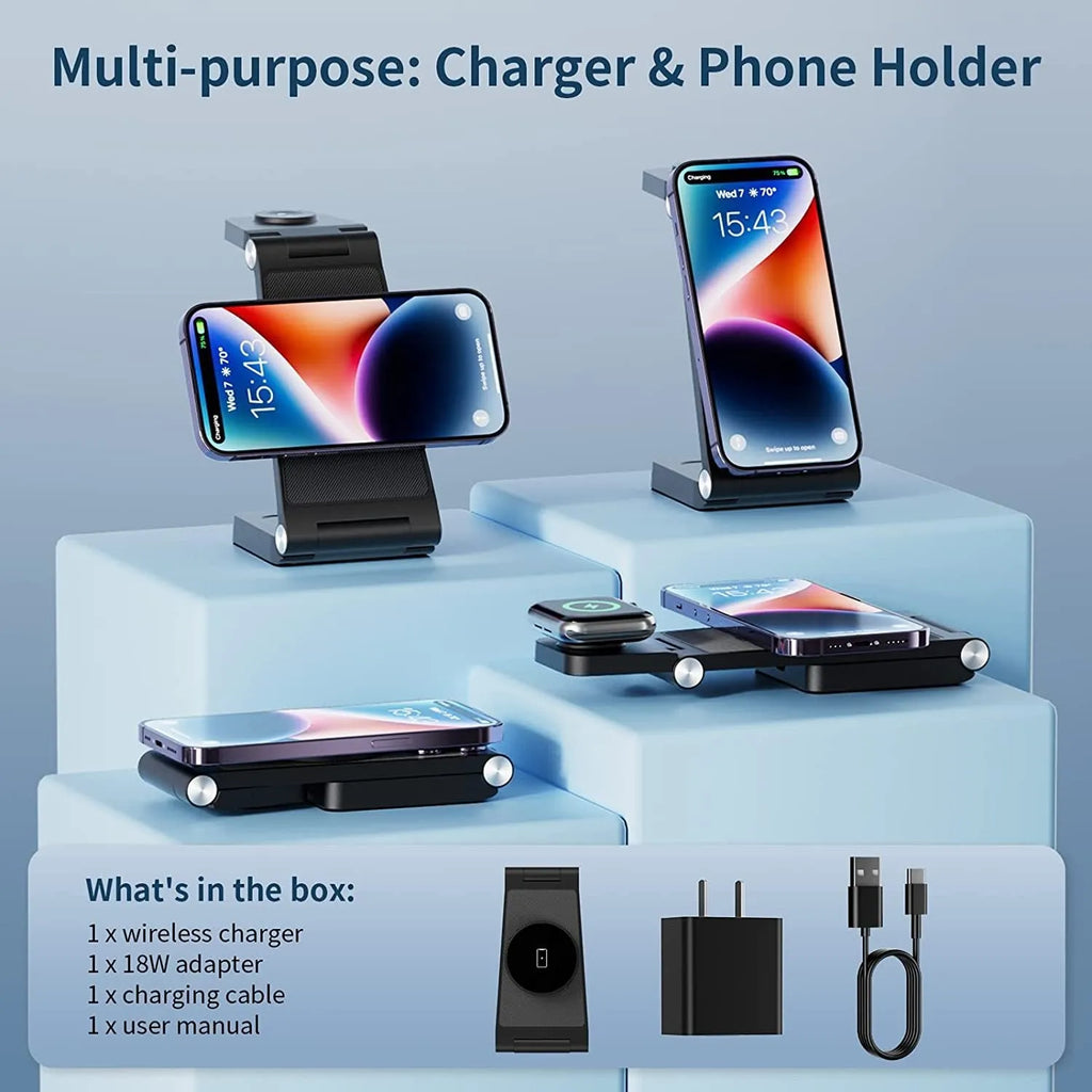 Vertical folding magnetic three-in-one wireless charger in black or white with US charging head and cable
