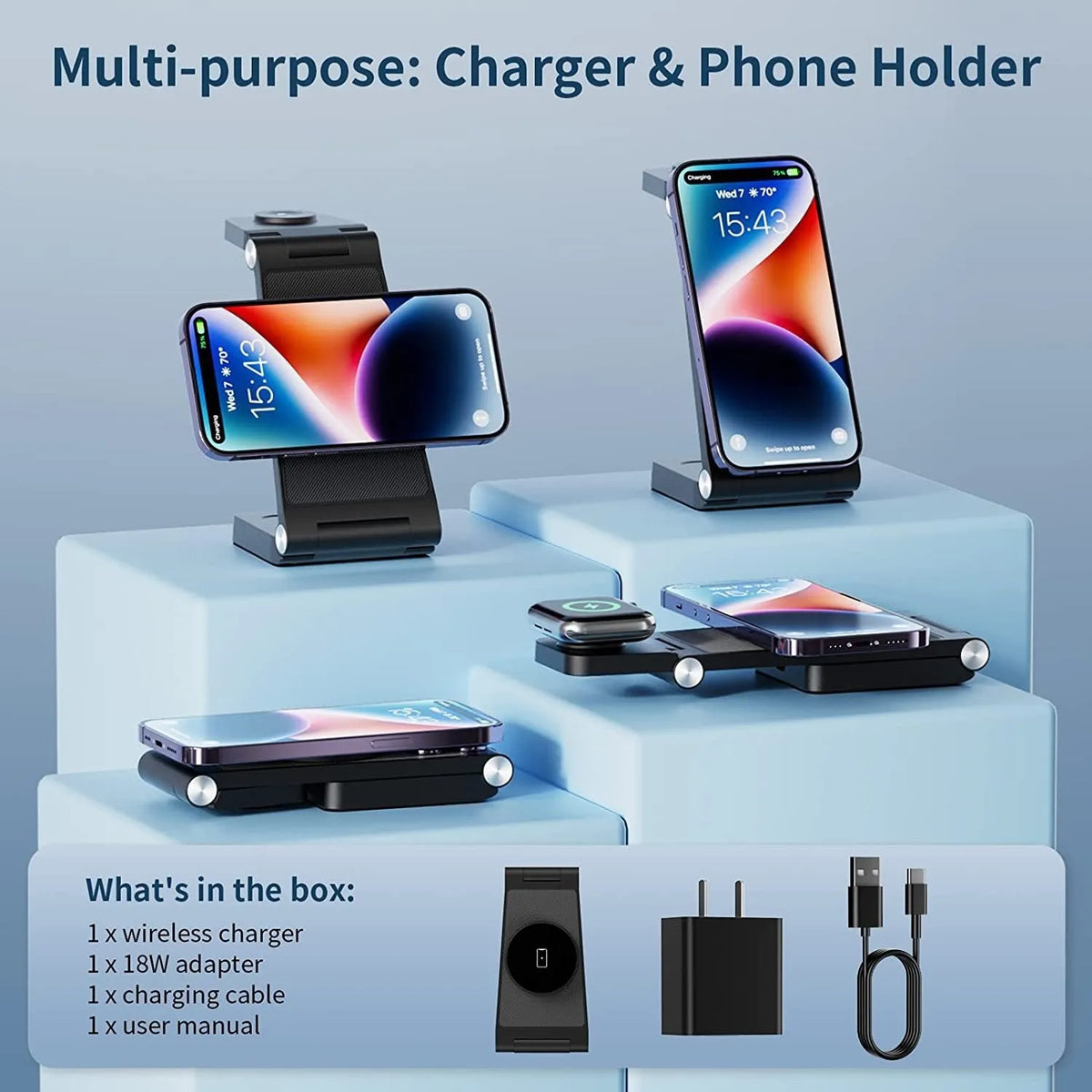 Vertical folding magnetic three-in-one wireless charger in black or white with US charging head and cable