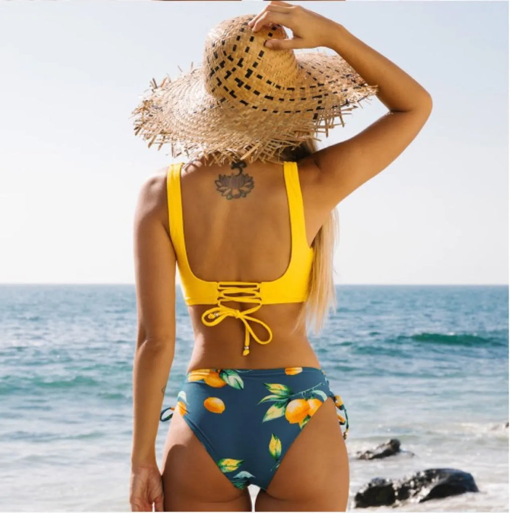 Yellow bikini swimsuit for women, sleeveless nylon swimwear with cotton blend lining, sizes S to 2XL