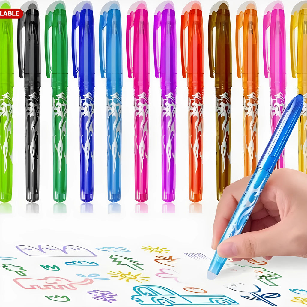 Pack of multi-colour hot erasable gel pens with plastic bodies and stainless steel nibs.