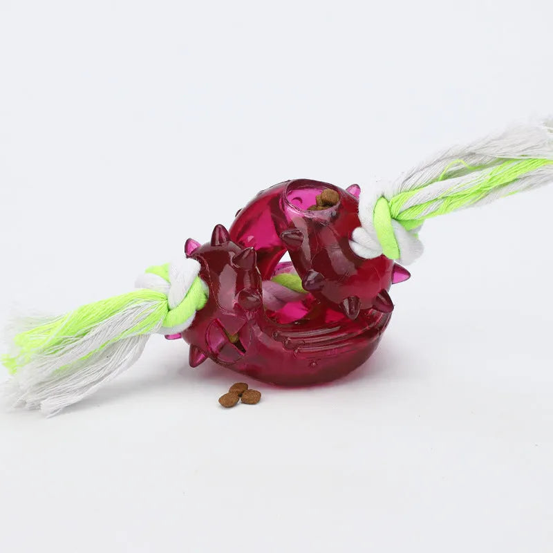 Dog bite leakage toy in TPR and cotton rope, small and large sizes for small, medium, and large dogs