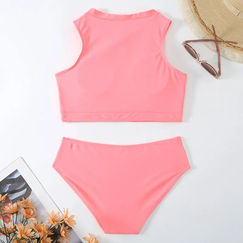 Pink high waist split bikini swimsuit set with matching bra on a neutral background