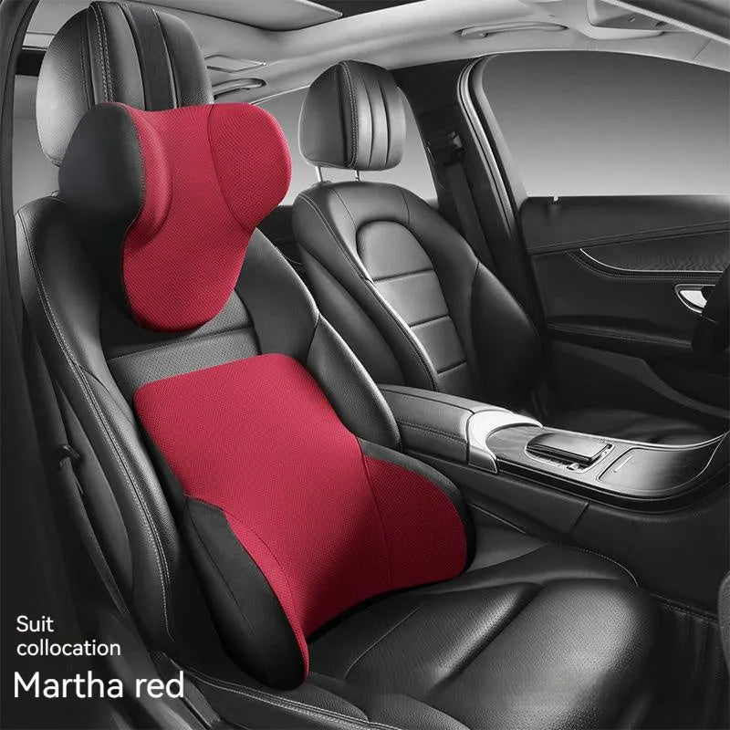 Memory foam car headrest pillow and matching lumbar support pillow with knitted fabric.