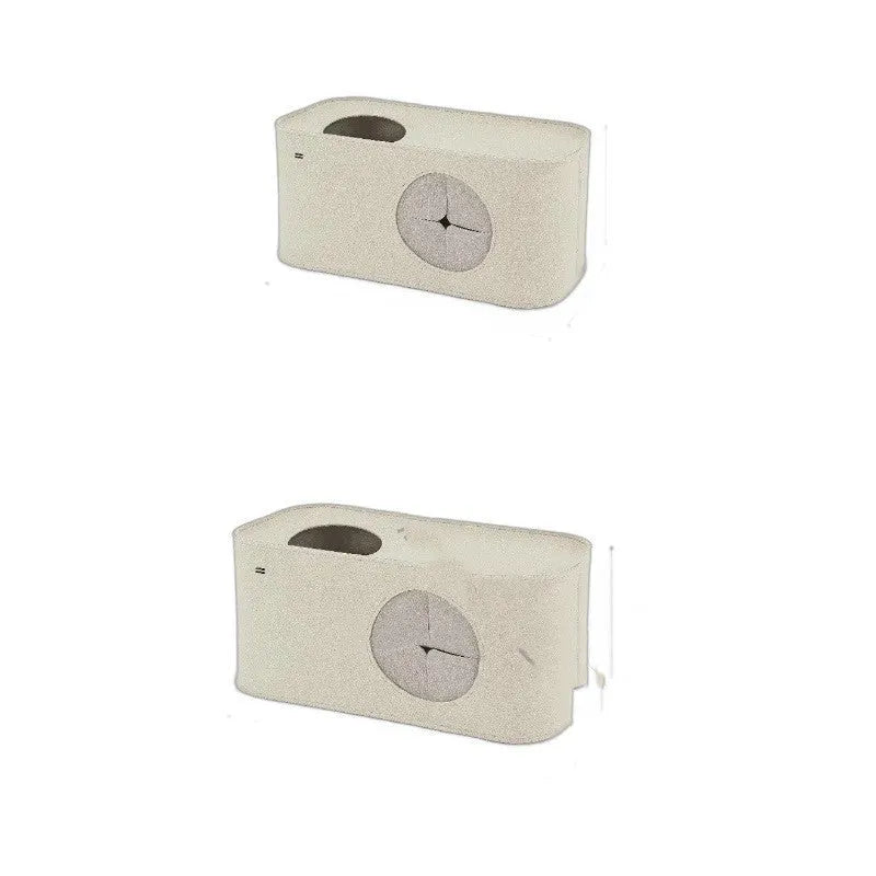 Grey foldable felt cat nest bed shown next to a khaki one, demonstrating its soft structure.