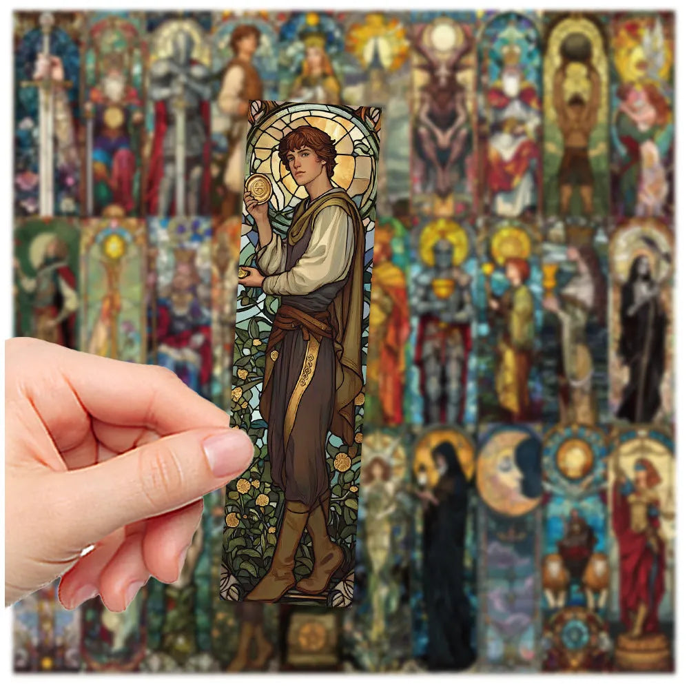 Set of 30 painted glass tarot theme paper bookmarks with cute illustrations.