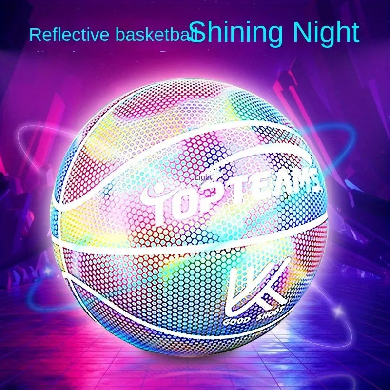 Creative fluorescent basketball size 7 with holographic luminous reflective PU surface in chroma colour