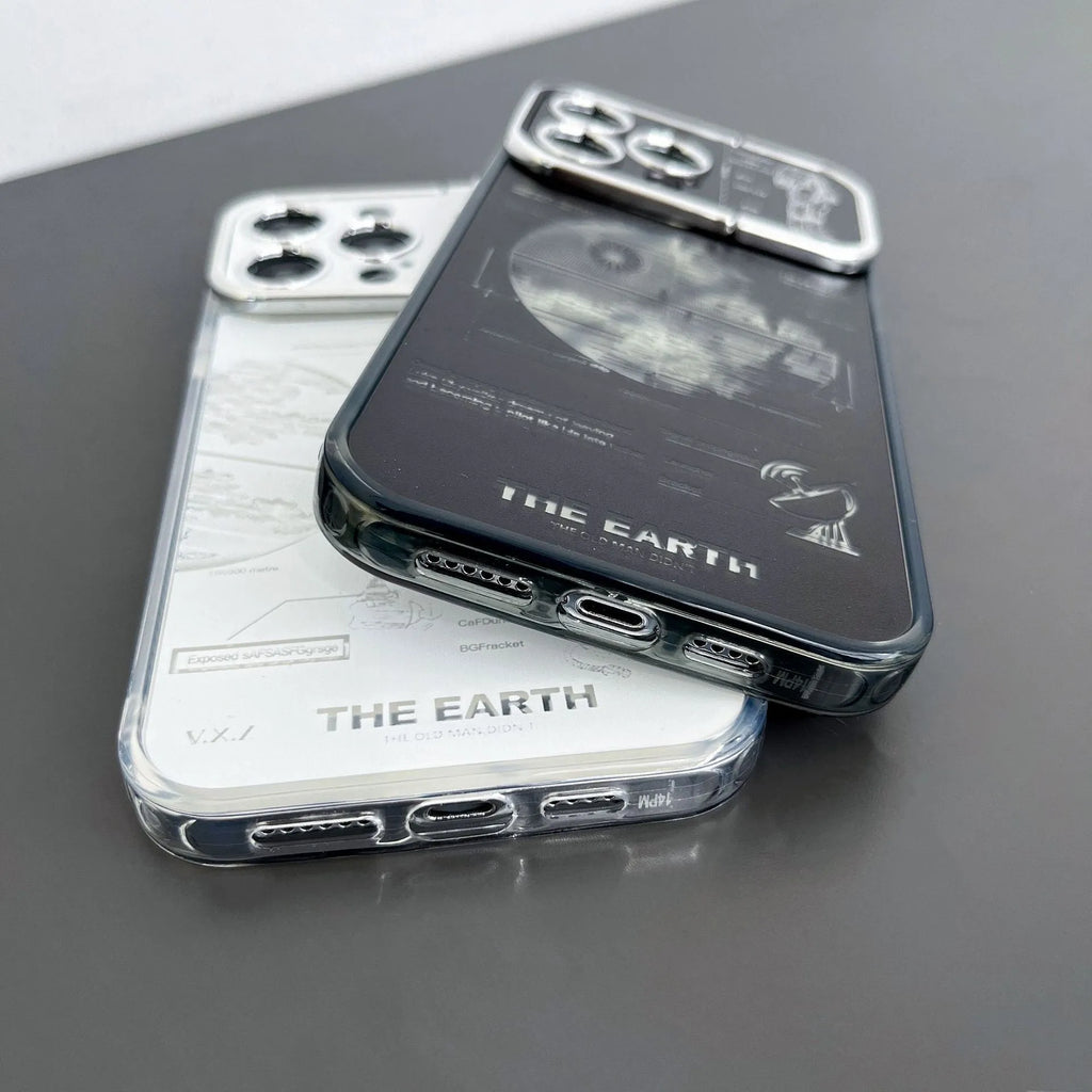 Pleated Bracket Phone Case Metal Planet for iPhone 11-14 Pro Max, two colour options shown