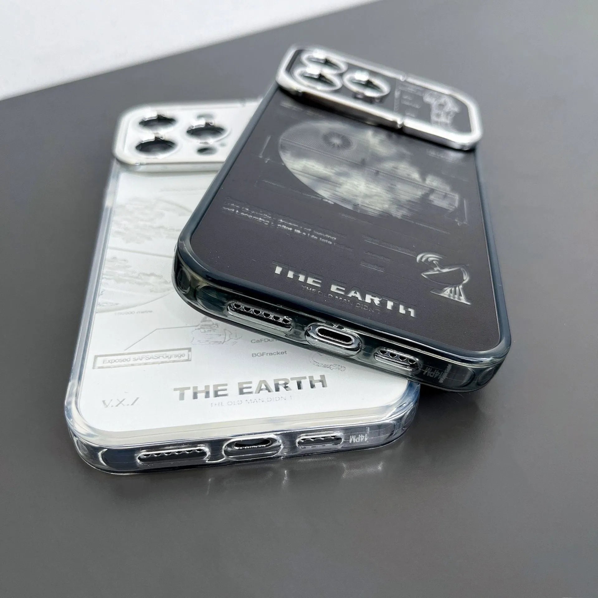 Pleated Bracket Phone Case Metal Planet for iPhone 11-14 Pro Max, two colour options shown