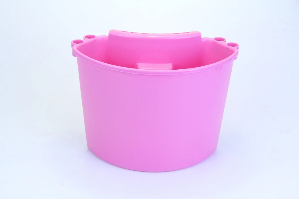A PP plastic car wash bucket available in black, red, blue, and pink colours.