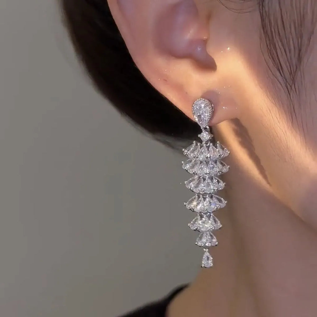 Silver pagoda Christmas tree drop earrings with sparkling zircon stones on copper stud fittings