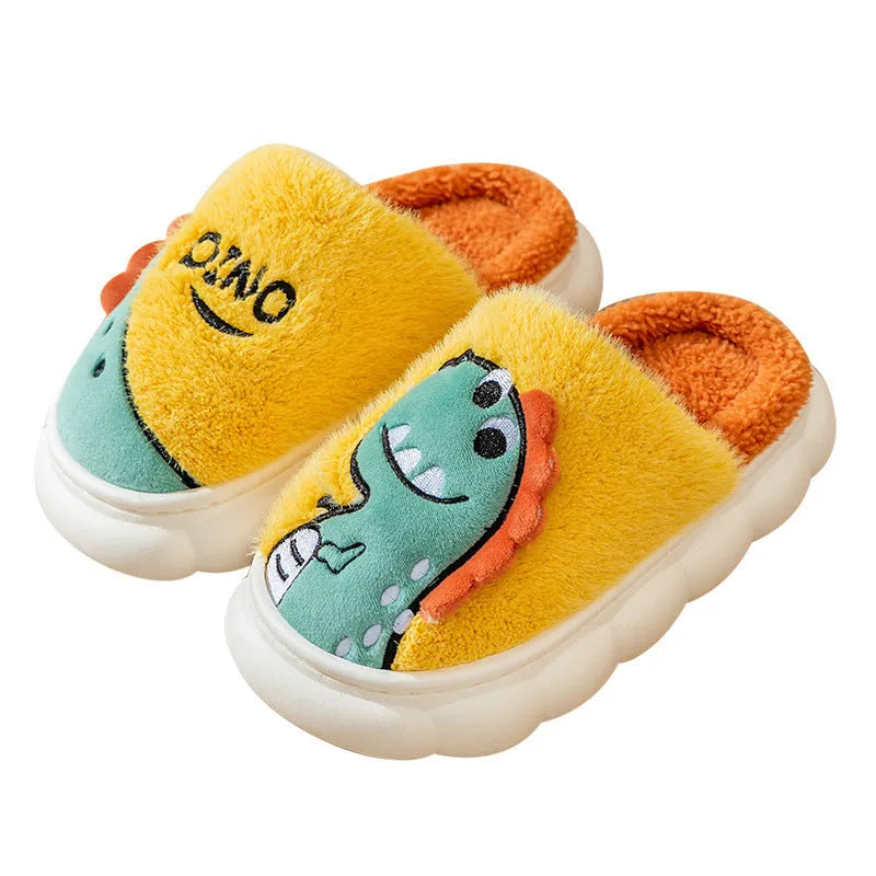 Cotton plush couple slippers with dinosaur designs in coffee, grey or orange yellow colours