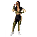 Women's three-color stitching long-sleeved sports two-piece suit in solid colour elastic satin polyester