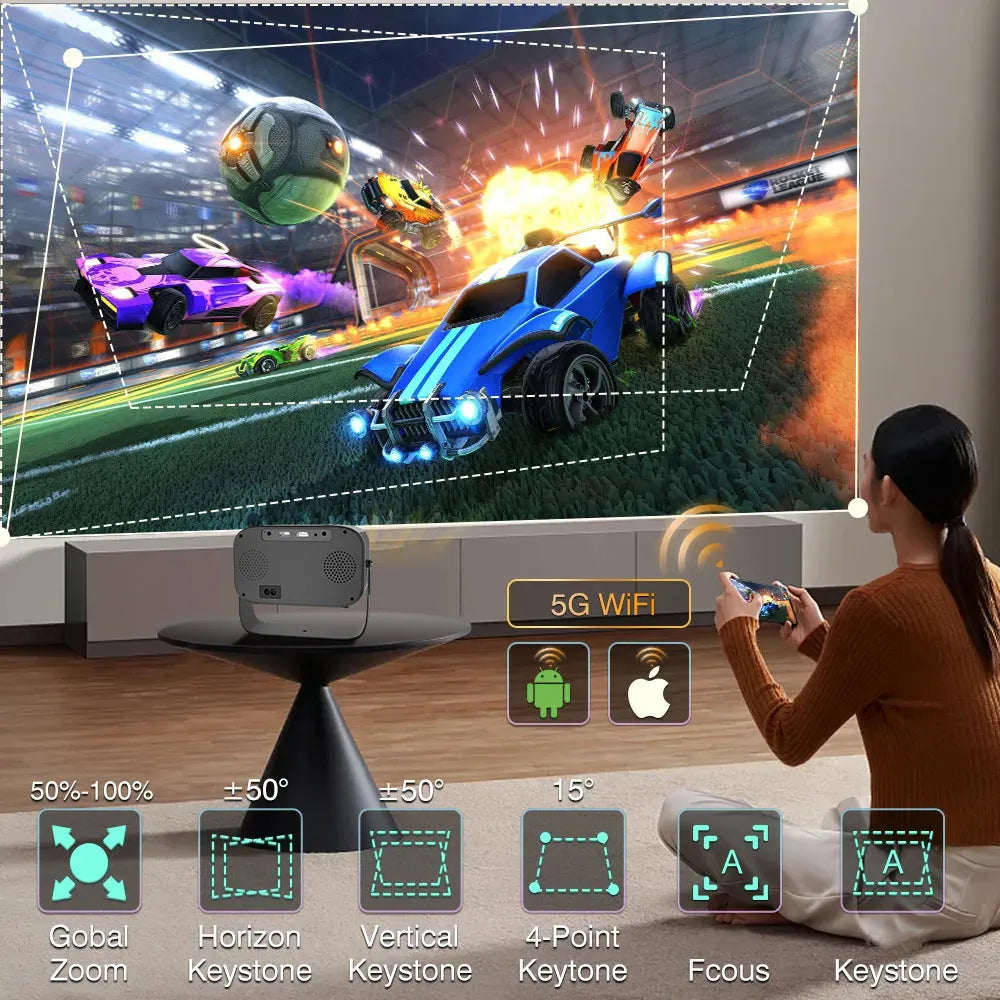 Black portable smart projector with Android system, remote control, and power cables