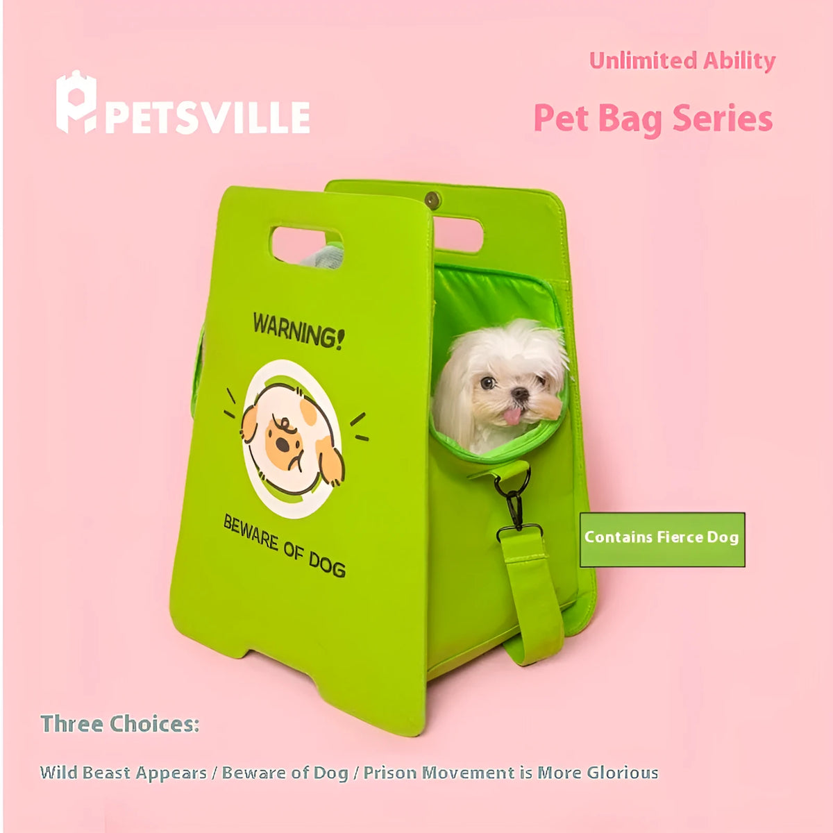 Canvas pet travel bag with animal pattern, medium hard build, breathable outlet, and accompanying bag