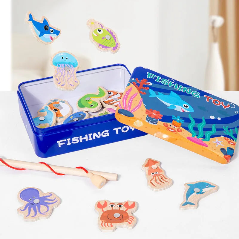 Children's magnetic fishing toy wooden iron box 20 fish and 1 fishing rod for infants