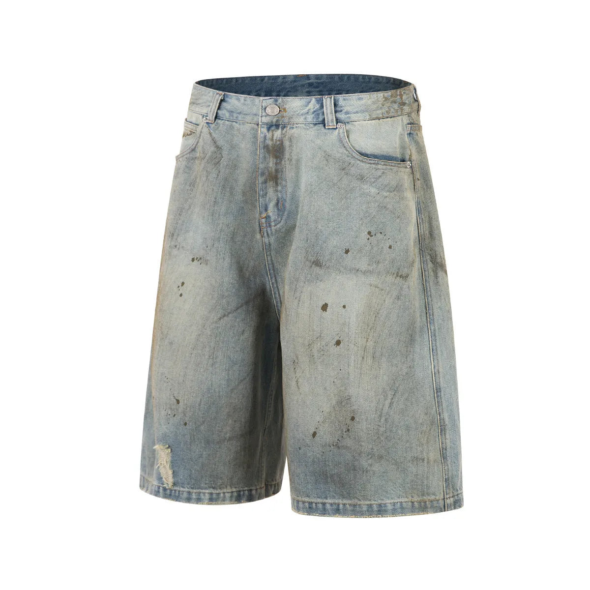 Blue cropped washed denim pants with a straight leg and zip fly, shown laid flat.