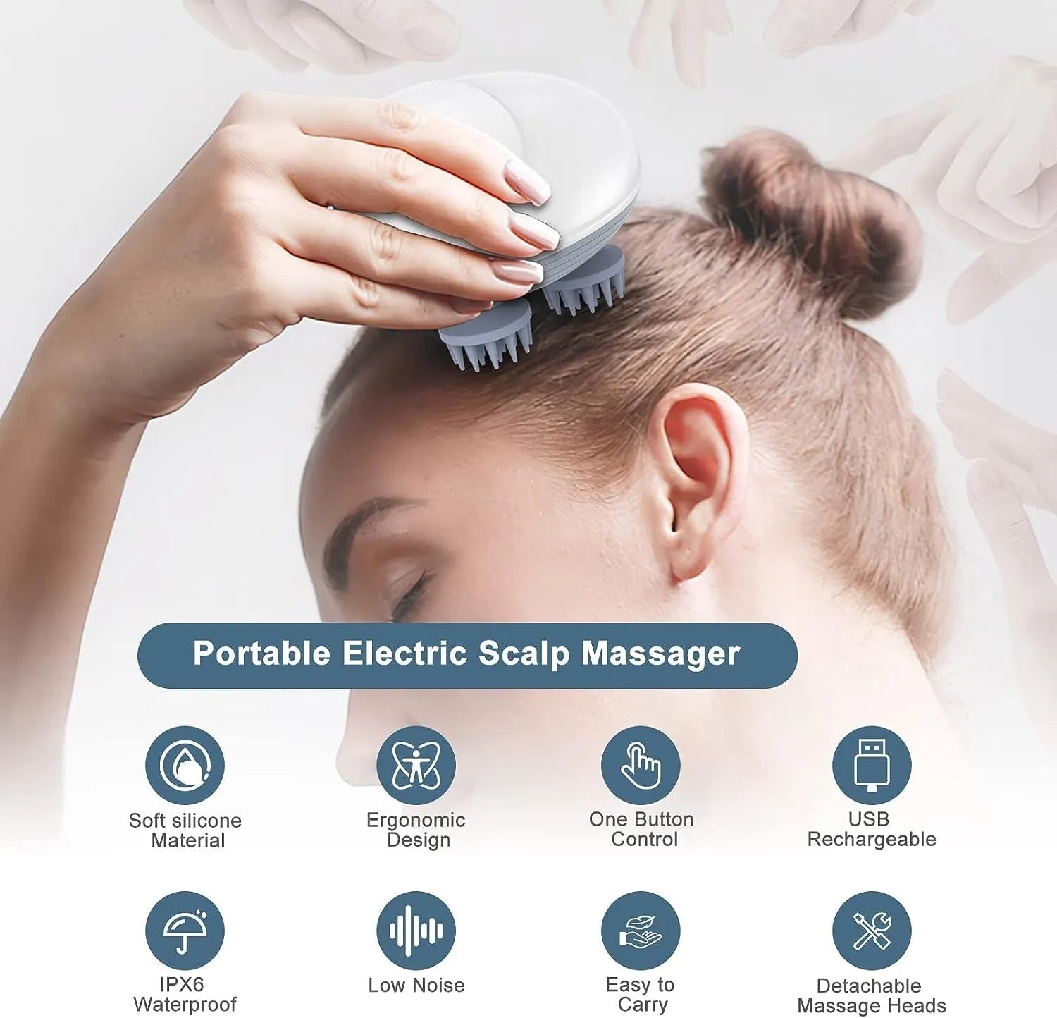 Blue handheld electric pet massager with four rotating heads on a white background.