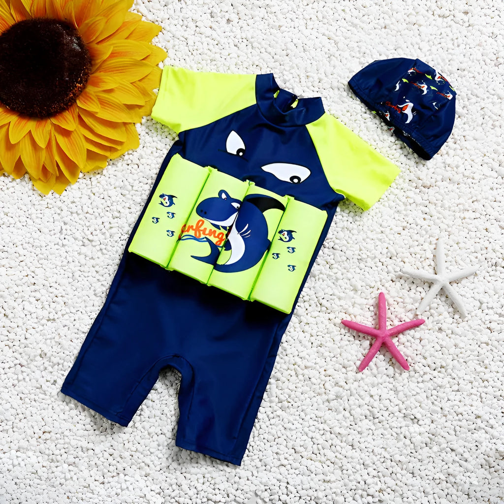 Unisex one-piece buoyancy swimsuit in Shark Boy pattern for swimming pool early education.