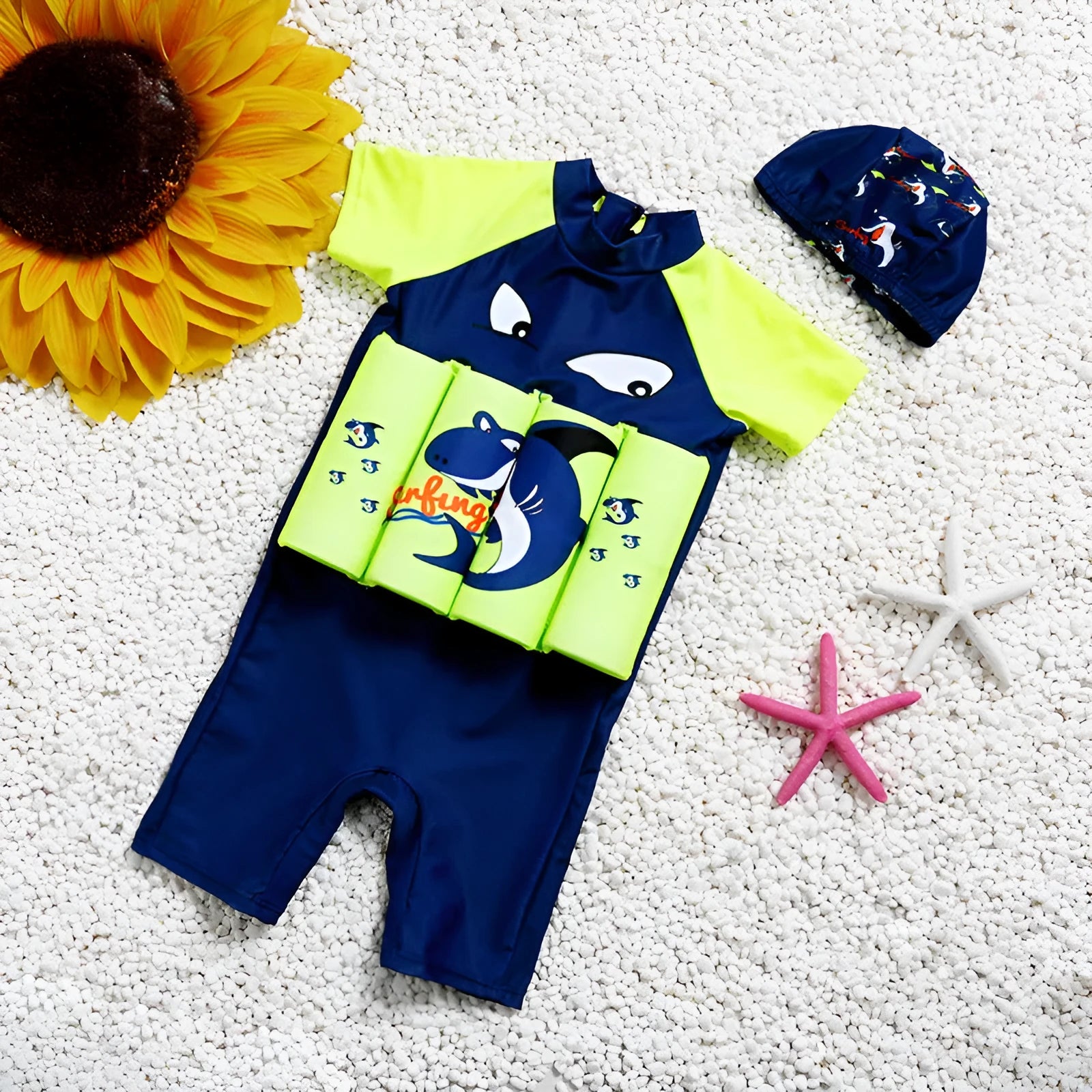 Unisex one-piece buoyancy swimsuit in Shark Boy pattern for swimming pool early education.