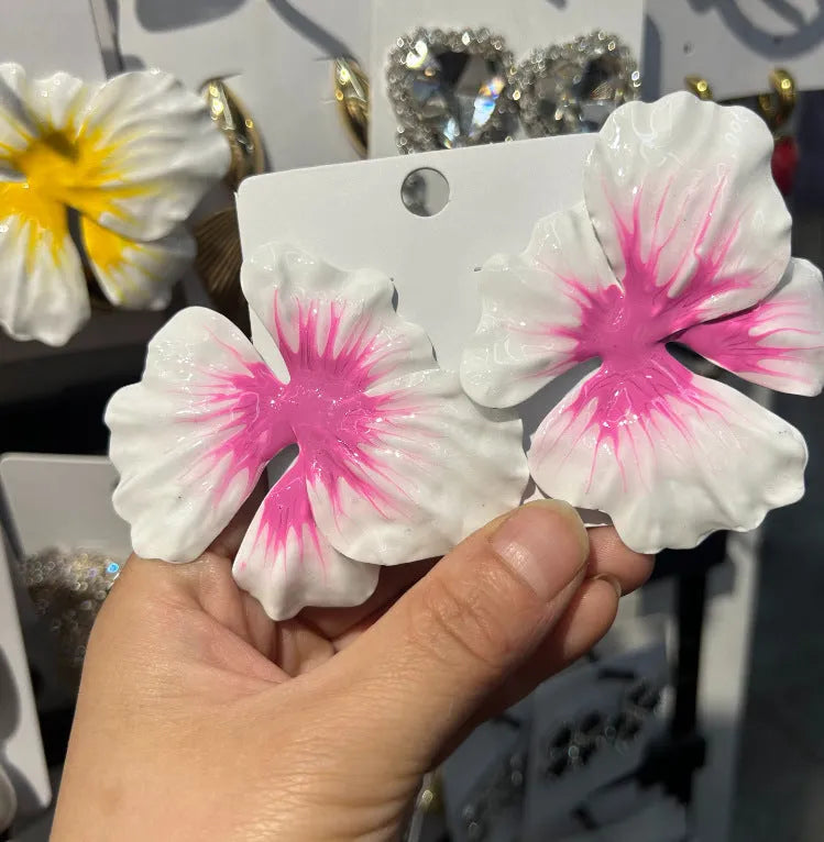 Pastoral style alloy flower stud earrings with oil-spot glaze finish in floral patterns