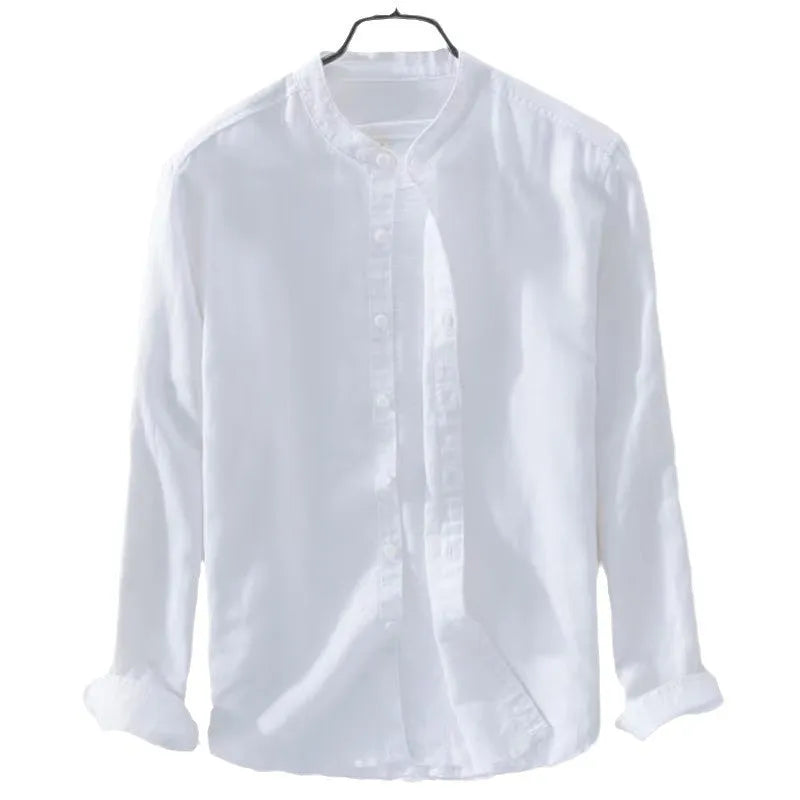 A man's loose fit long sleeve casual shirt in a cotton linen blend, shown in a solid colour.